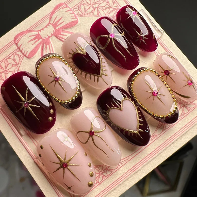 Burgundy and Blush Celestial Nail Set with Gold Starbursts