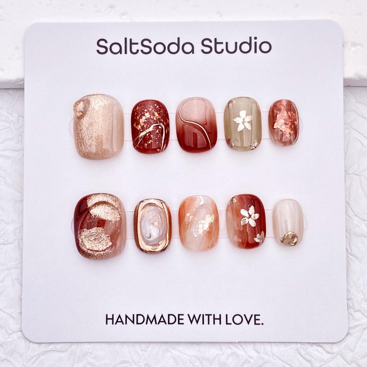 Burgundy and Champagne Gold Floral Marble Press-On Nail Set