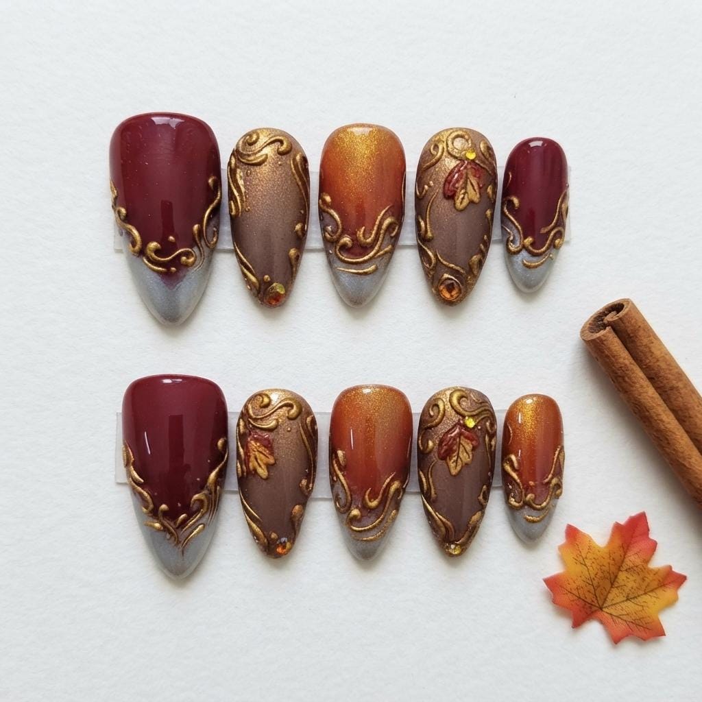 Burgundy and Copper Fall Nails with Antique Gold Baroque Scrollwork