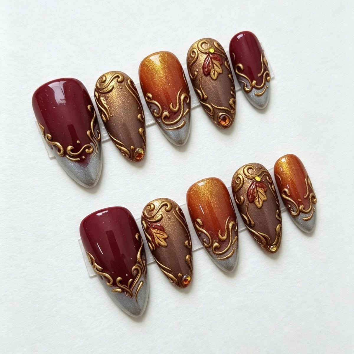 Burgundy and Copper Fall Nails with Antique Gold Baroque Scrollwork