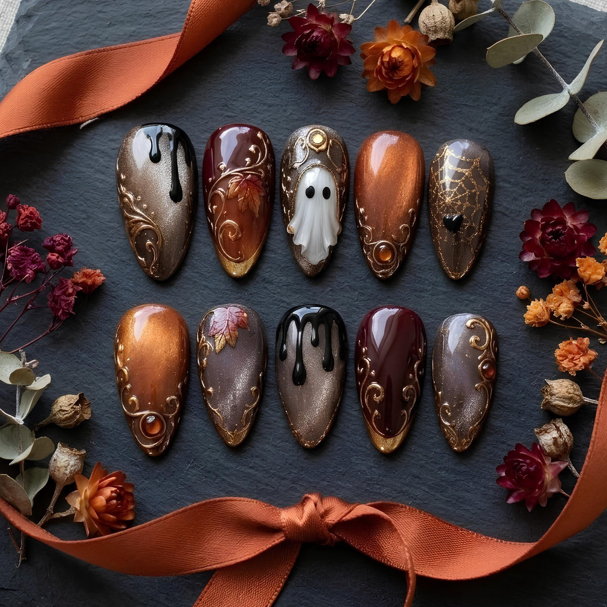 Burgundy and Copper Ghost Halloween Nails with Gold Scrollwork