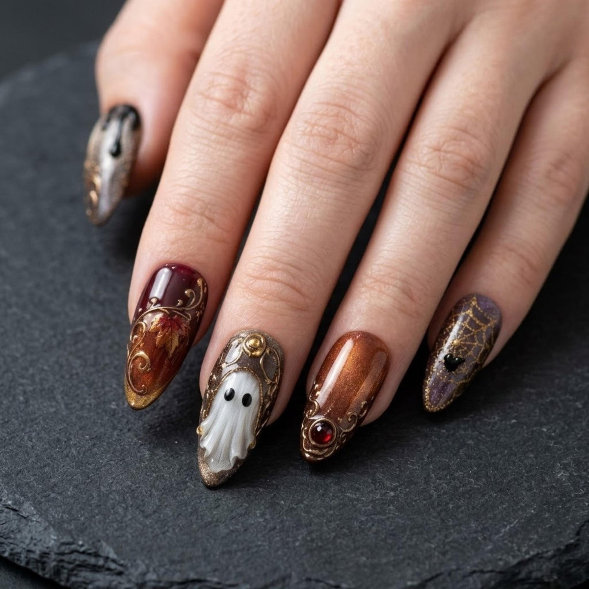 Burgundy and Copper Ghost Halloween Nails with Gold Scrollwork