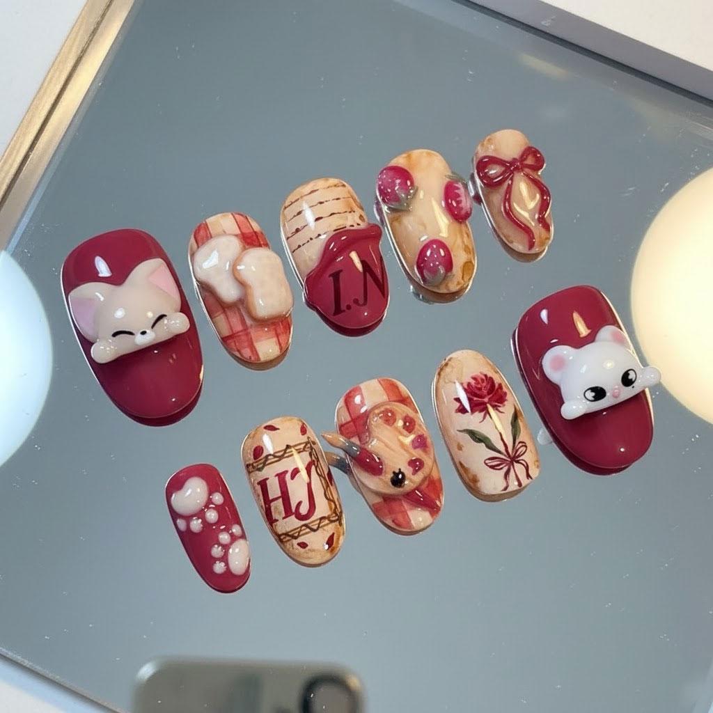 Burgundy and Cream Cat Nails with Red Plaid, Florals and 3D Details