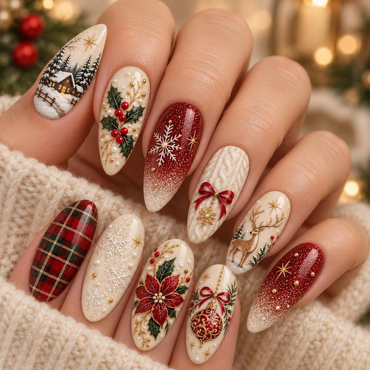 Burgundy and Cream Christmas Nails with Plaid, Winter Scenes and Gold Accents