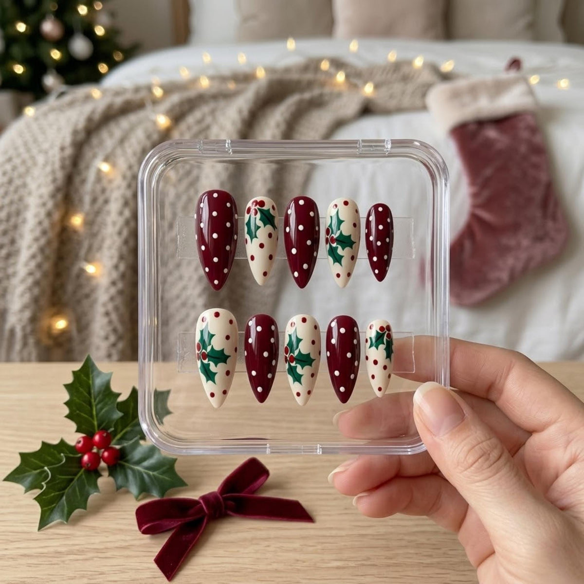 Burgundy and Cream Holly Leaf Polka Dot Press On Nails