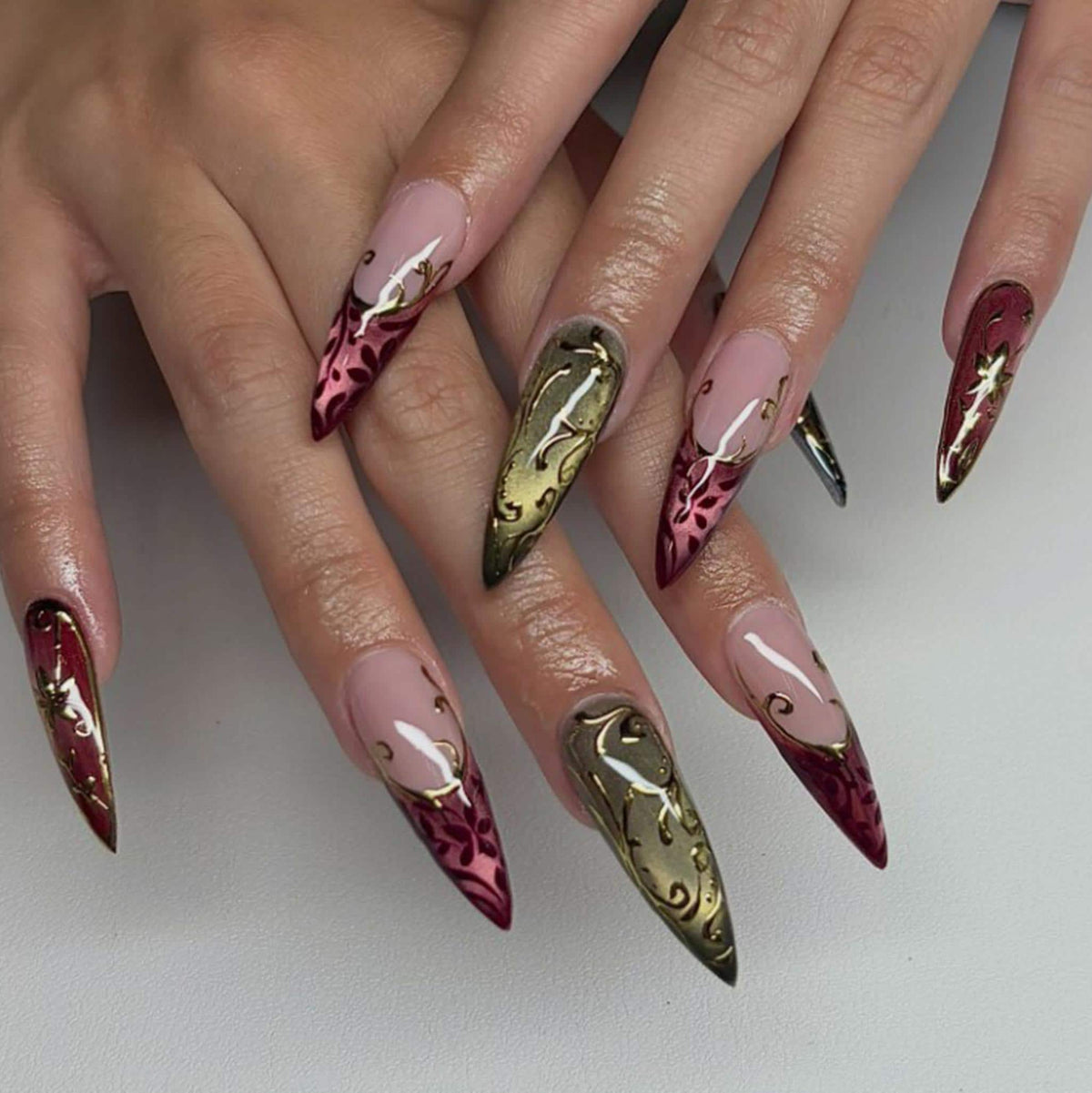 Burgundy and Dusty Pink Gothic Dark Romance Filigree Nails with Olive Gold Details