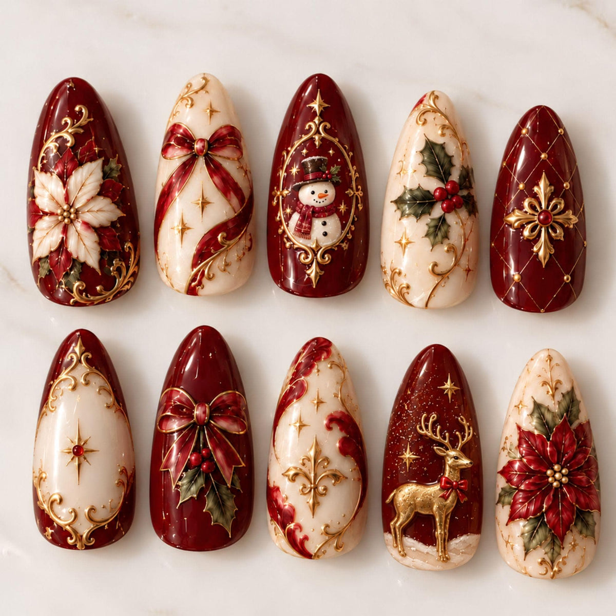 Burgundy and Ivory Christmas Nails with Gold Filigree, Poinsettias and Snowman