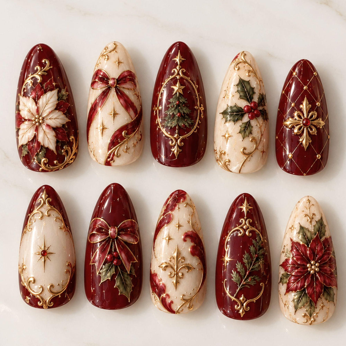 Burgundy and Ivory Christmas Nails with Gold Filigree, Poinsettias and Snowman
