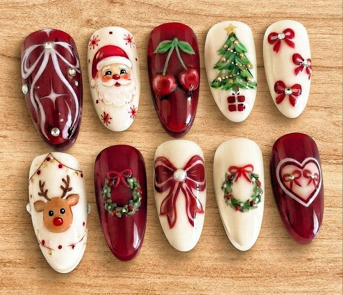 Burgundy and Ivory Christmas Press On Nails With Santa, Reindeer, Bows and Rhinestones