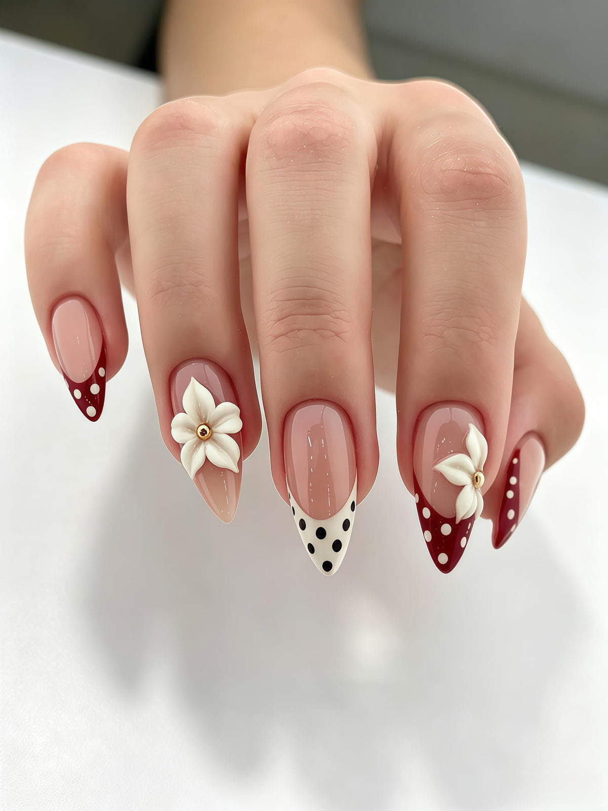 Burgundy and Ivory Polka Dot French Tips with 3D White Flowers
