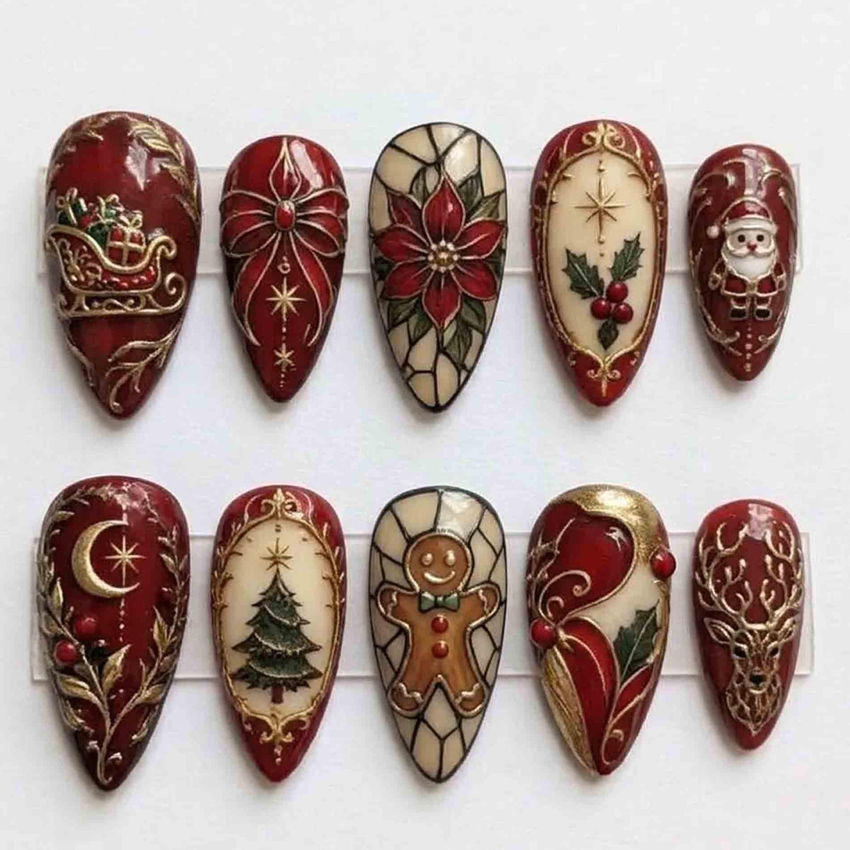 Burgundy and Ivory Stained Glass Christmas Nail Set With Gold Details