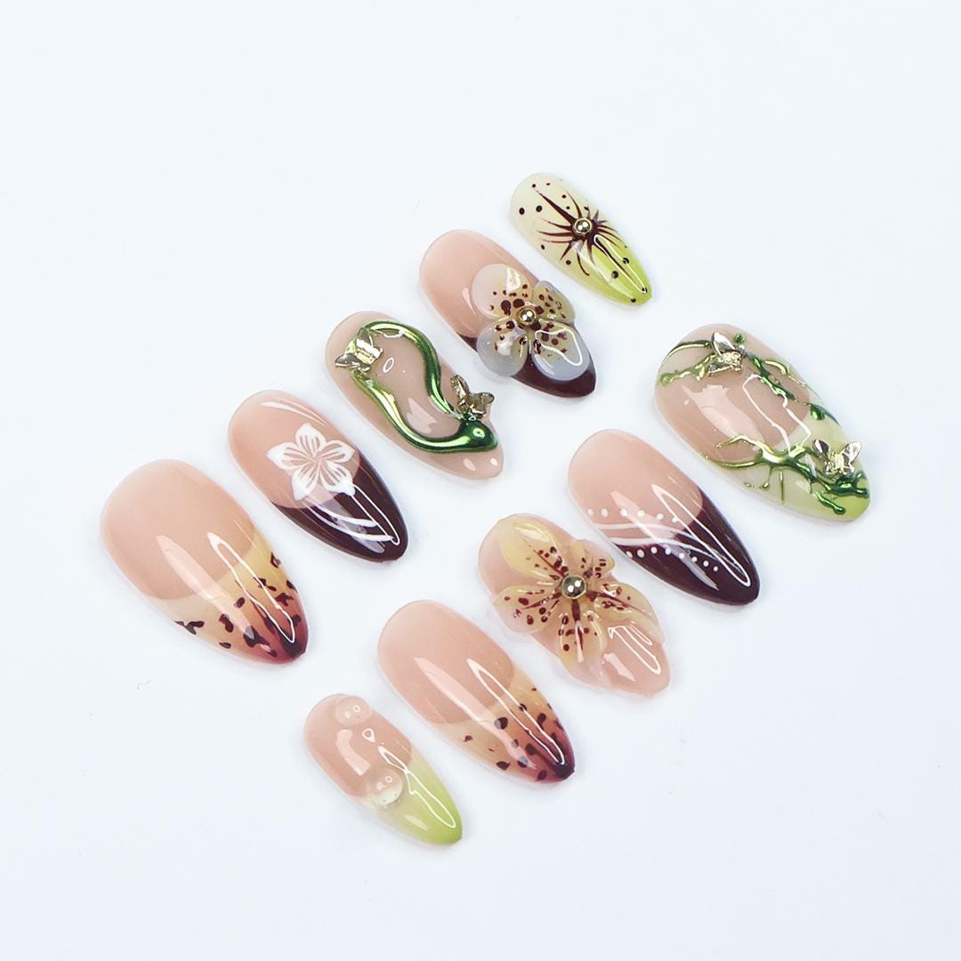 Burgundy and Lime Botanical Floral Press On Nails