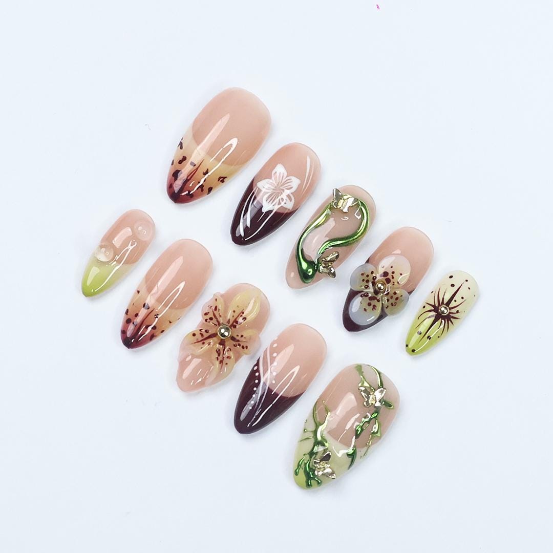 Burgundy and Lime Botanical Floral Press On Nails