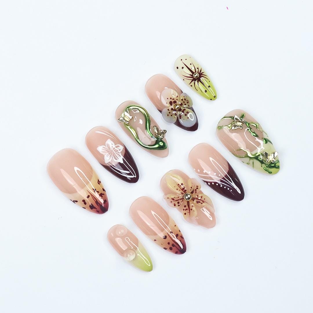 Burgundy and Lime Botanical Floral Press On Nails