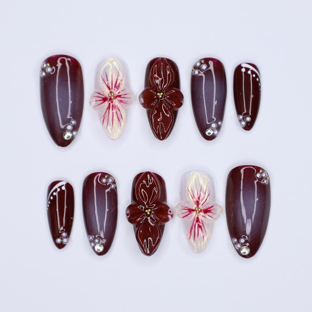 Burgundy and Mauve Fall Floral Press-On Nails with Raised Flowers and Rhinestones