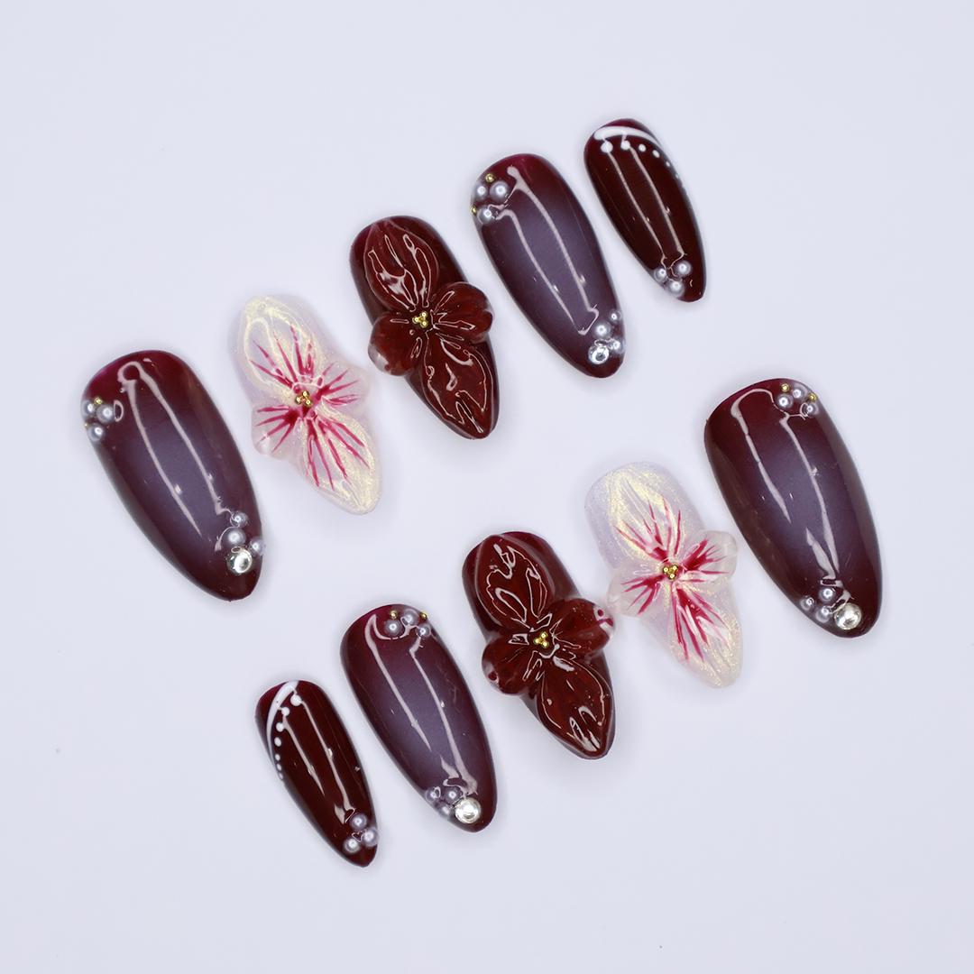 Burgundy and Mauve Fall Floral Press-On Nails with Raised Flowers and Rhinestones