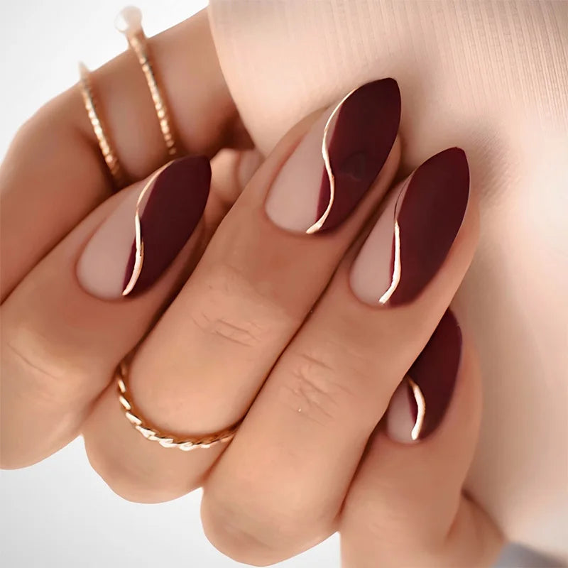 Burgundy and Nude Color-Block Press On Nails With Gold Lines