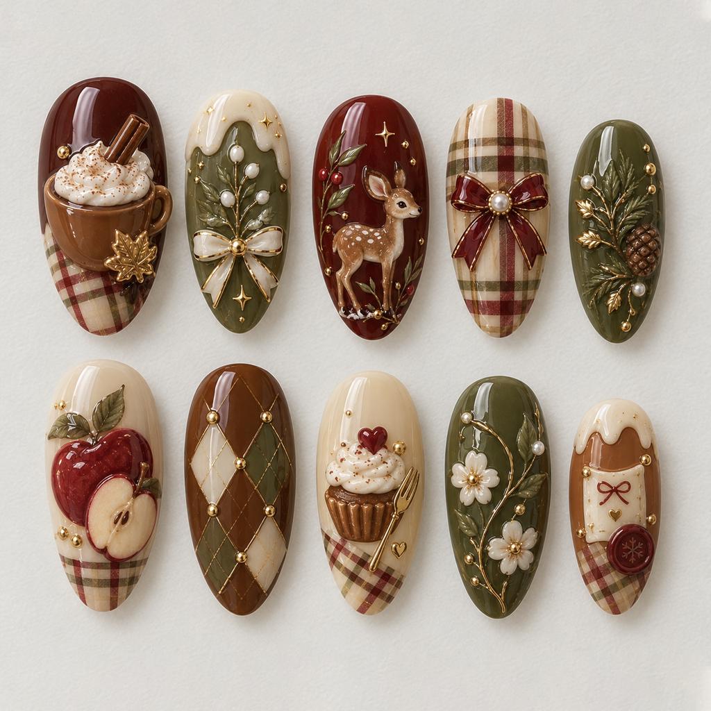 Burgundy and Olive Christmas Plaid Nails with Reindeer, Bows, and Raised Details