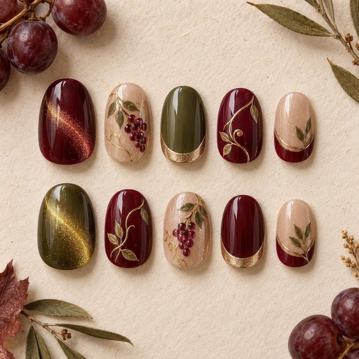 Burgundy and Olive Grape Vine French Tip Nail Set