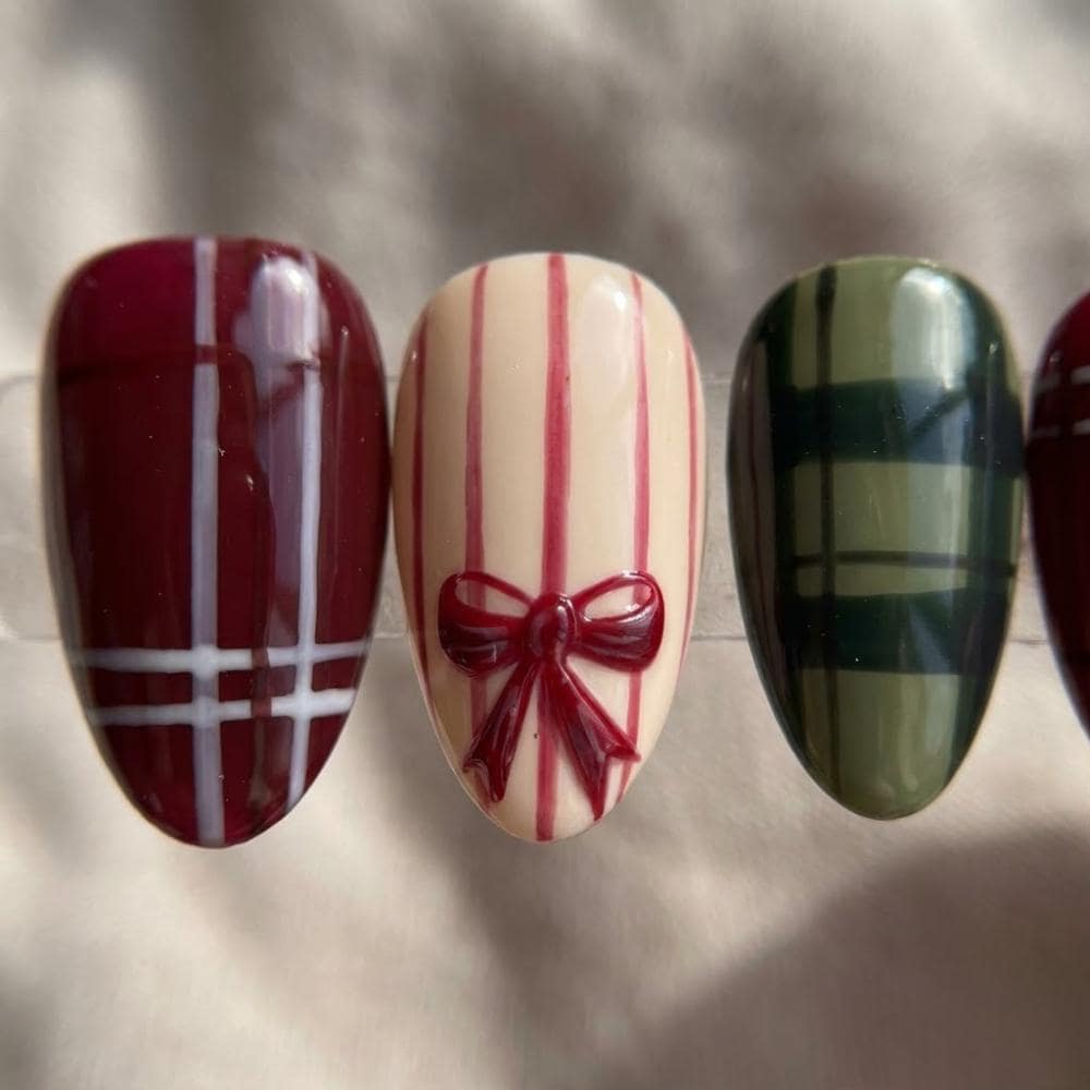 Burgundy and Olive Plaid Christmas Press On Nails With Bow Accents