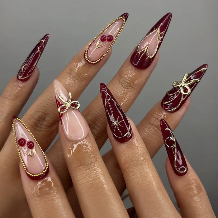 Burgundy and Pink Cherry Bow Press On Nails with Gold-Toned Details