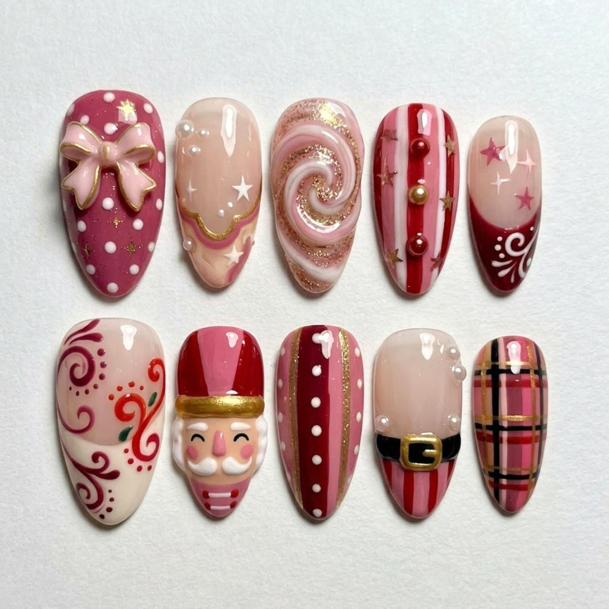 Burgundy and Pink Christmas Nutcracker Nail Set with 3D Bow and Plaid