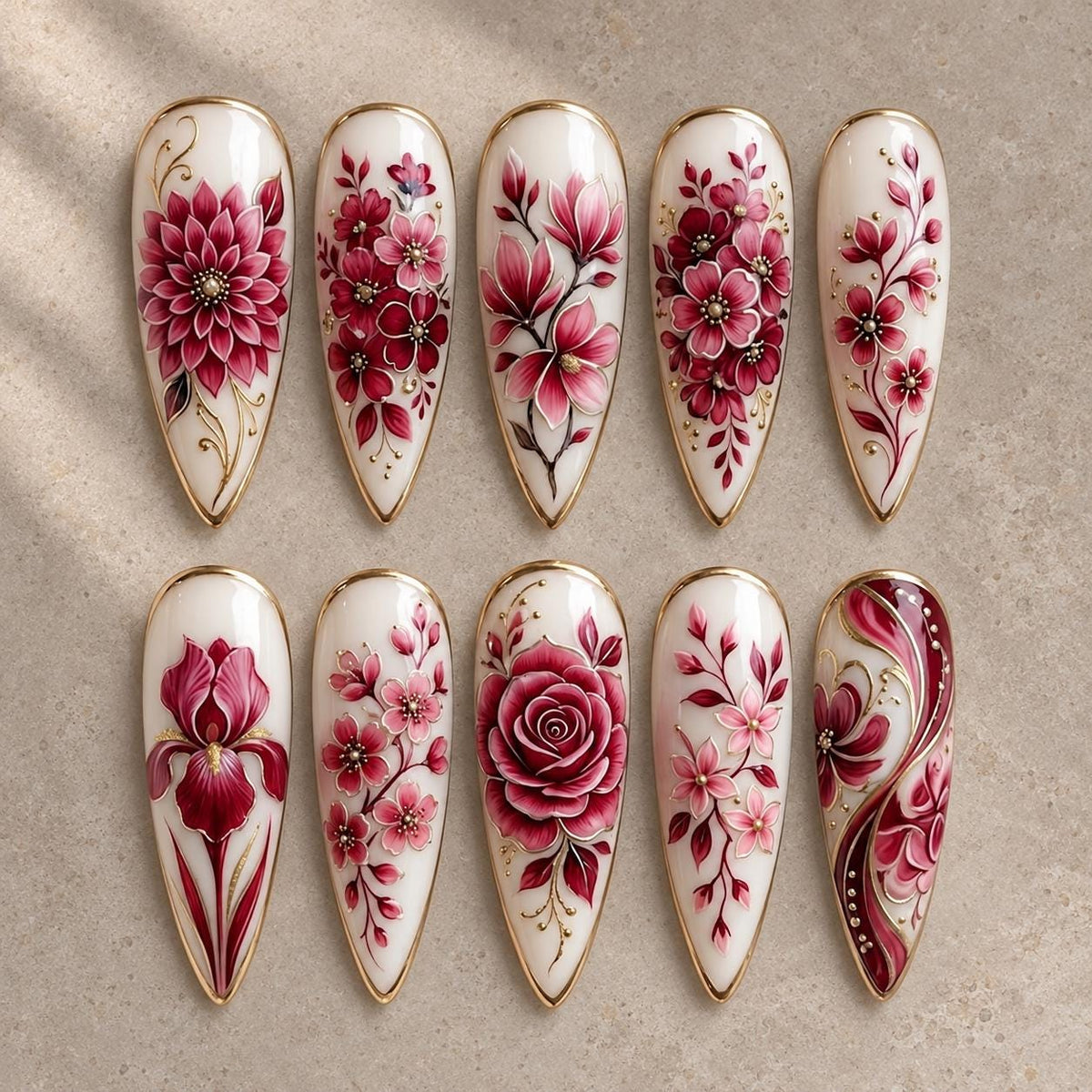 Burgundy and Pink Floral Press-On Nail Set with Gold Outlines