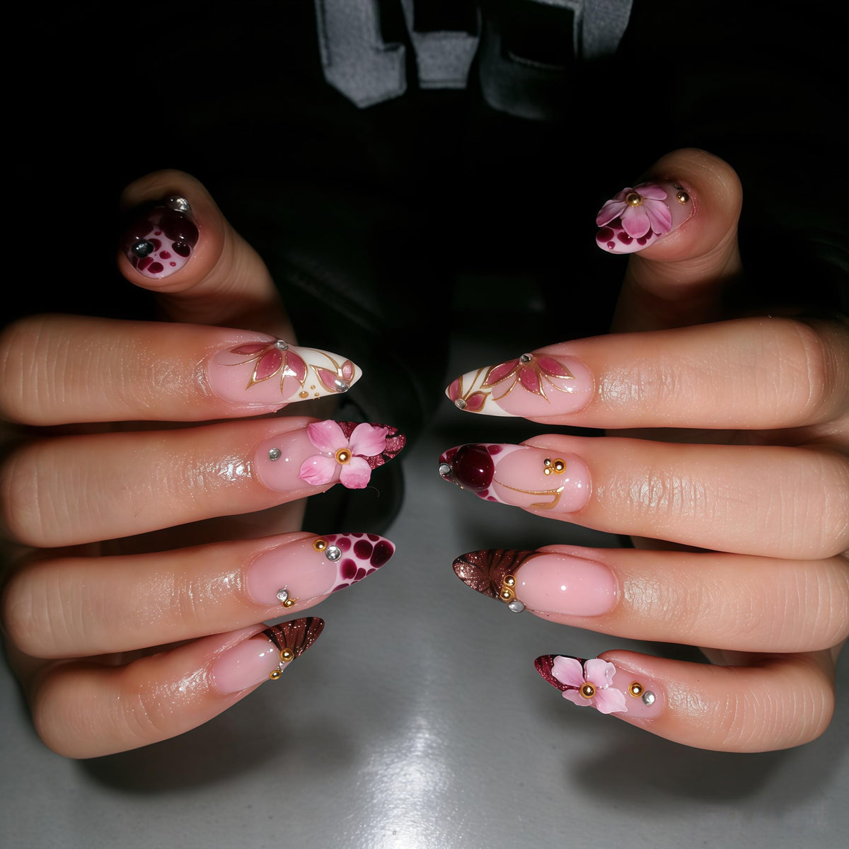 Burgundy and Pink Floral Press On Nail Set with Gold Botanical Details