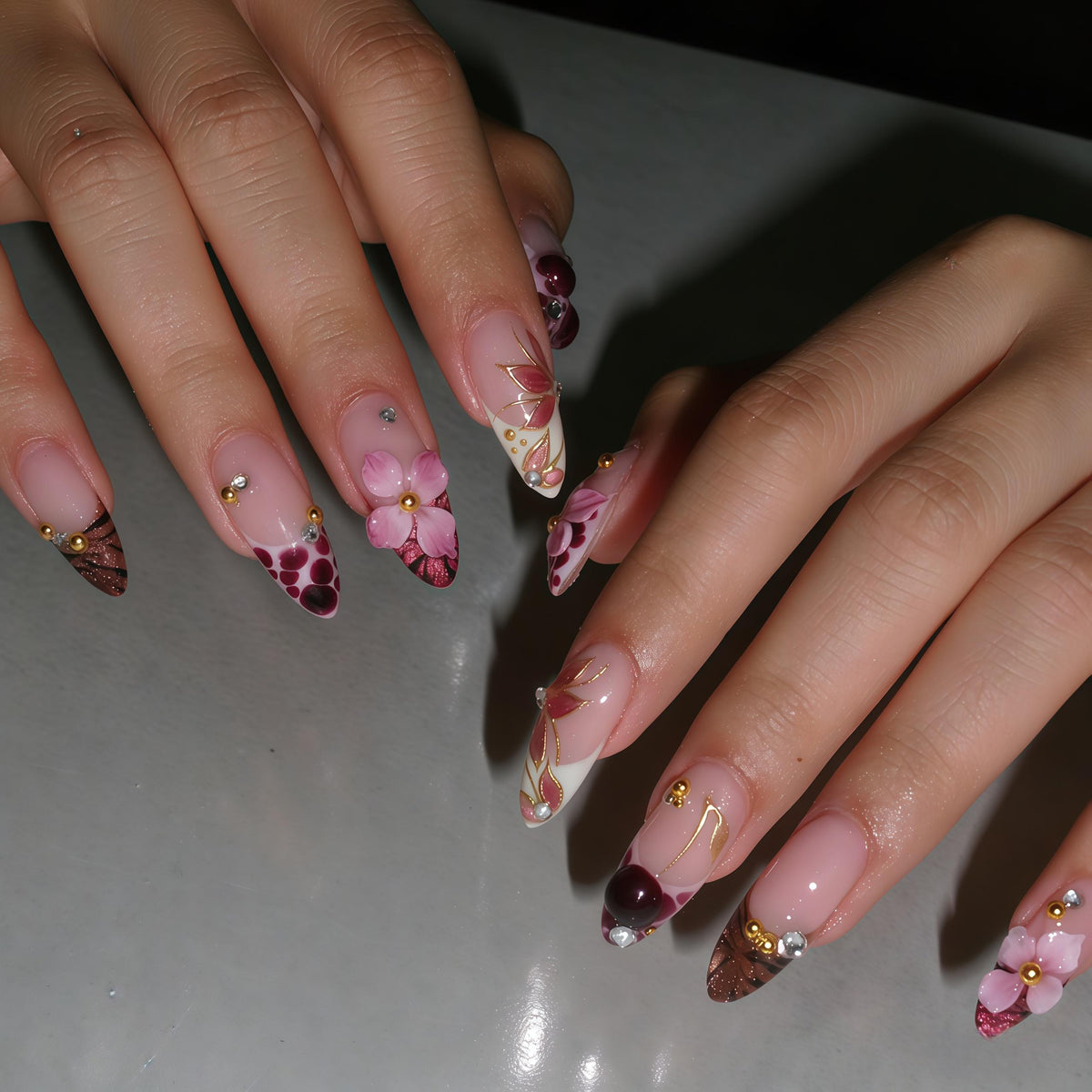 Burgundy and Pink Floral Press On Nail Set with Gold Botanical Details