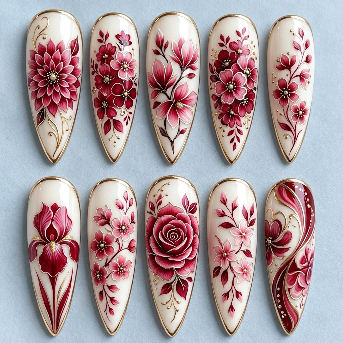Burgundy and Pink Floral Press-On Nail Set with Gold Outlines