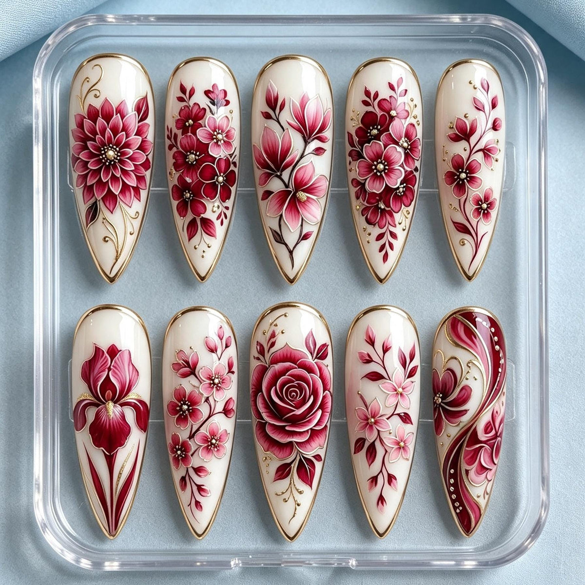 Burgundy and Pink Floral Press-On Nail Set with Gold Outlines