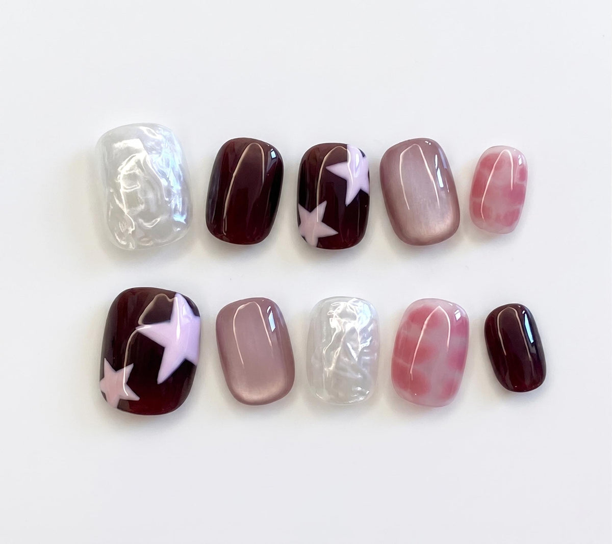 Burgundy and Pink Star Press-On Nails with Iridescent Sculpted Details