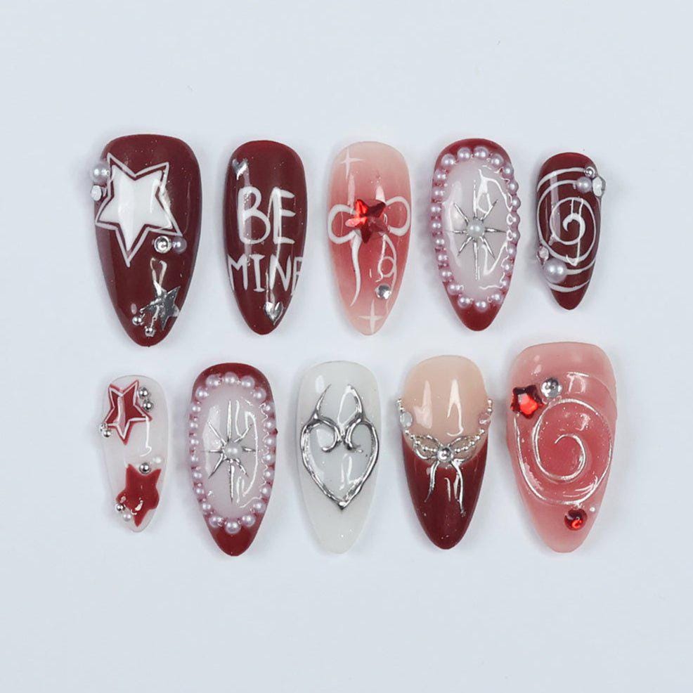 Burgundy and Pink Valentine Press-On Nails with Stars, Bows, and Pearl Details