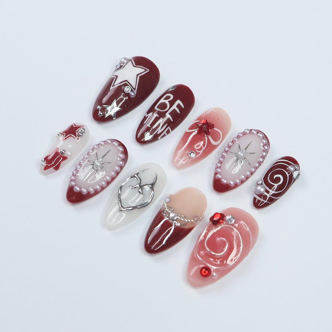 Burgundy and Pink Valentine Press-On Nails with Stars, Bows, and Pearl Details