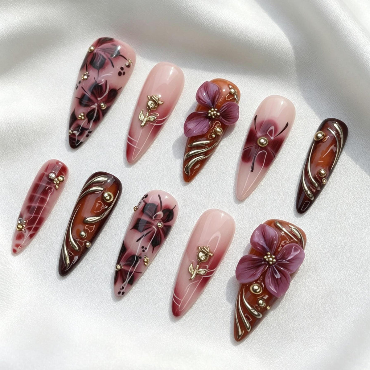 Burgundy and Purple 3D Floral Nail Set with Gold Botanical Accents