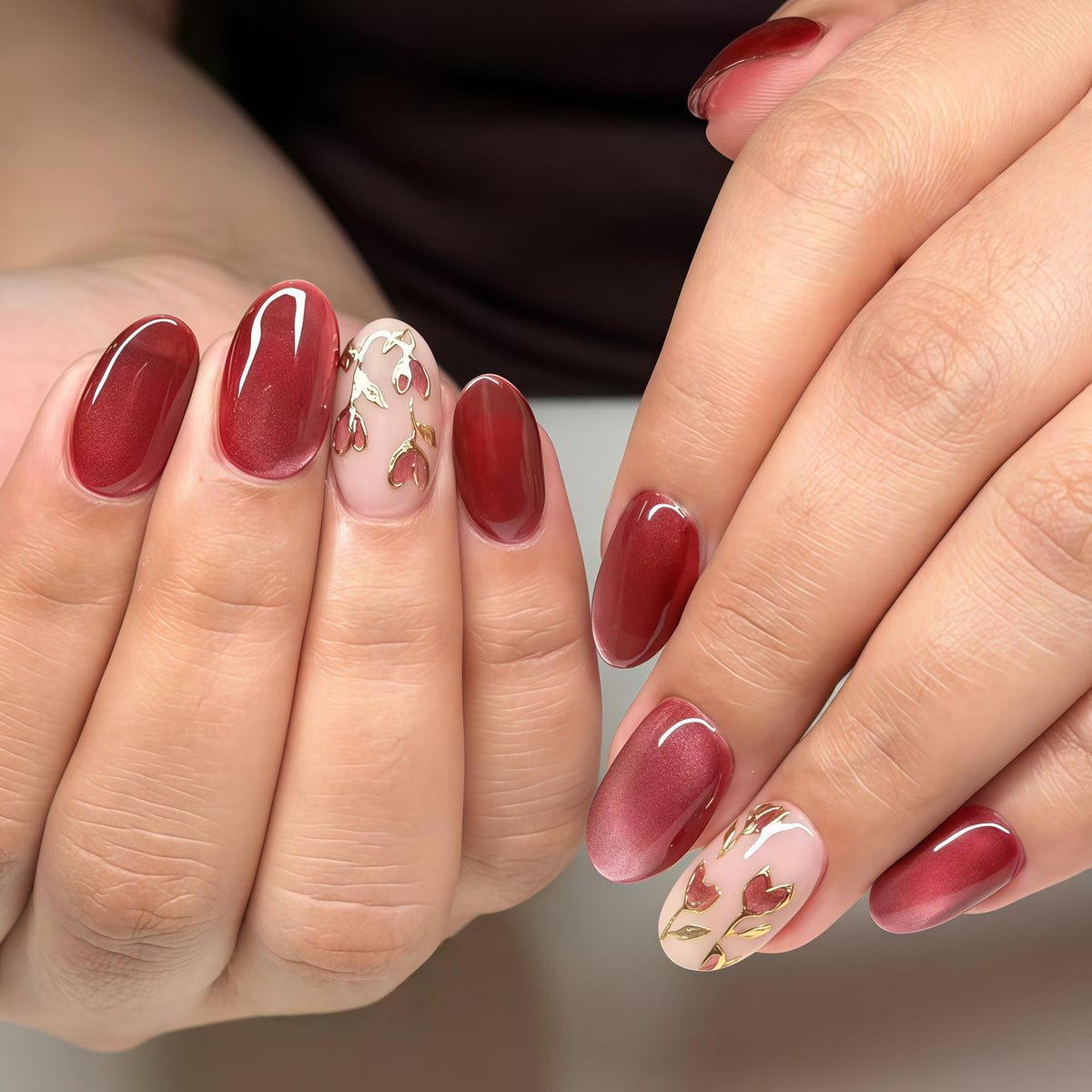 Burgundy and Rose Cat-Eye Nails with Gold Leaf Floral Accents