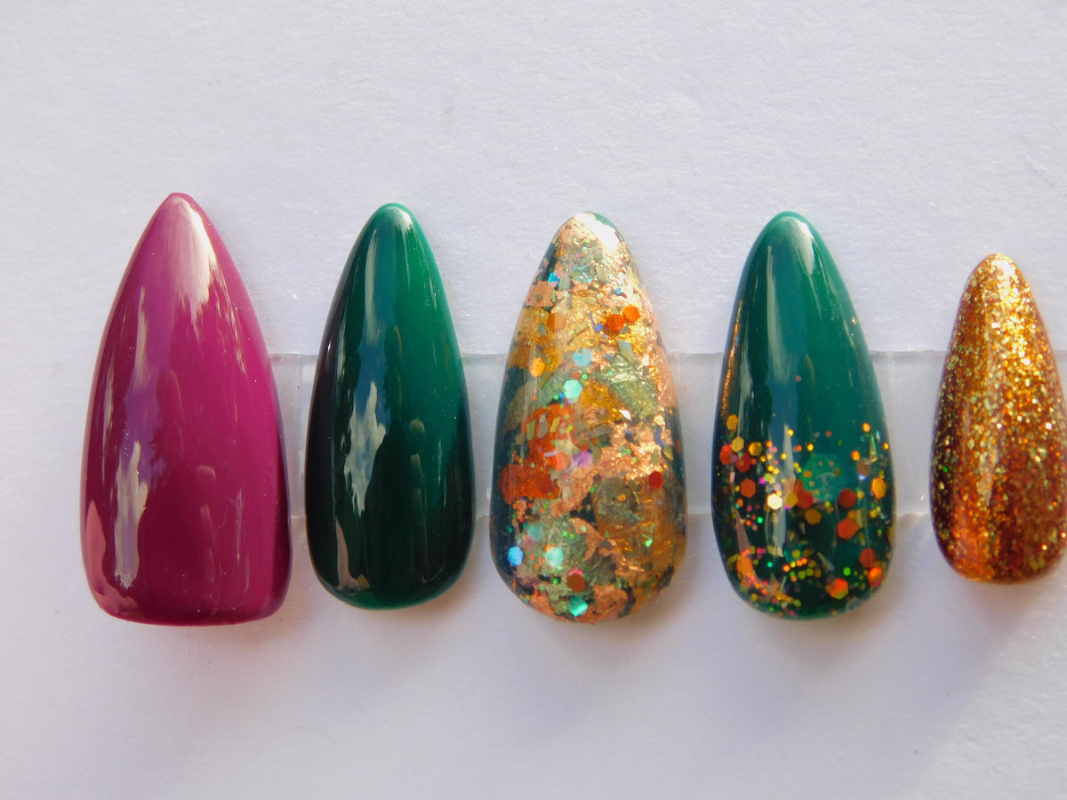 Burgundy and Teal Autumn Press-On Nails with Gold Glitter and Foil