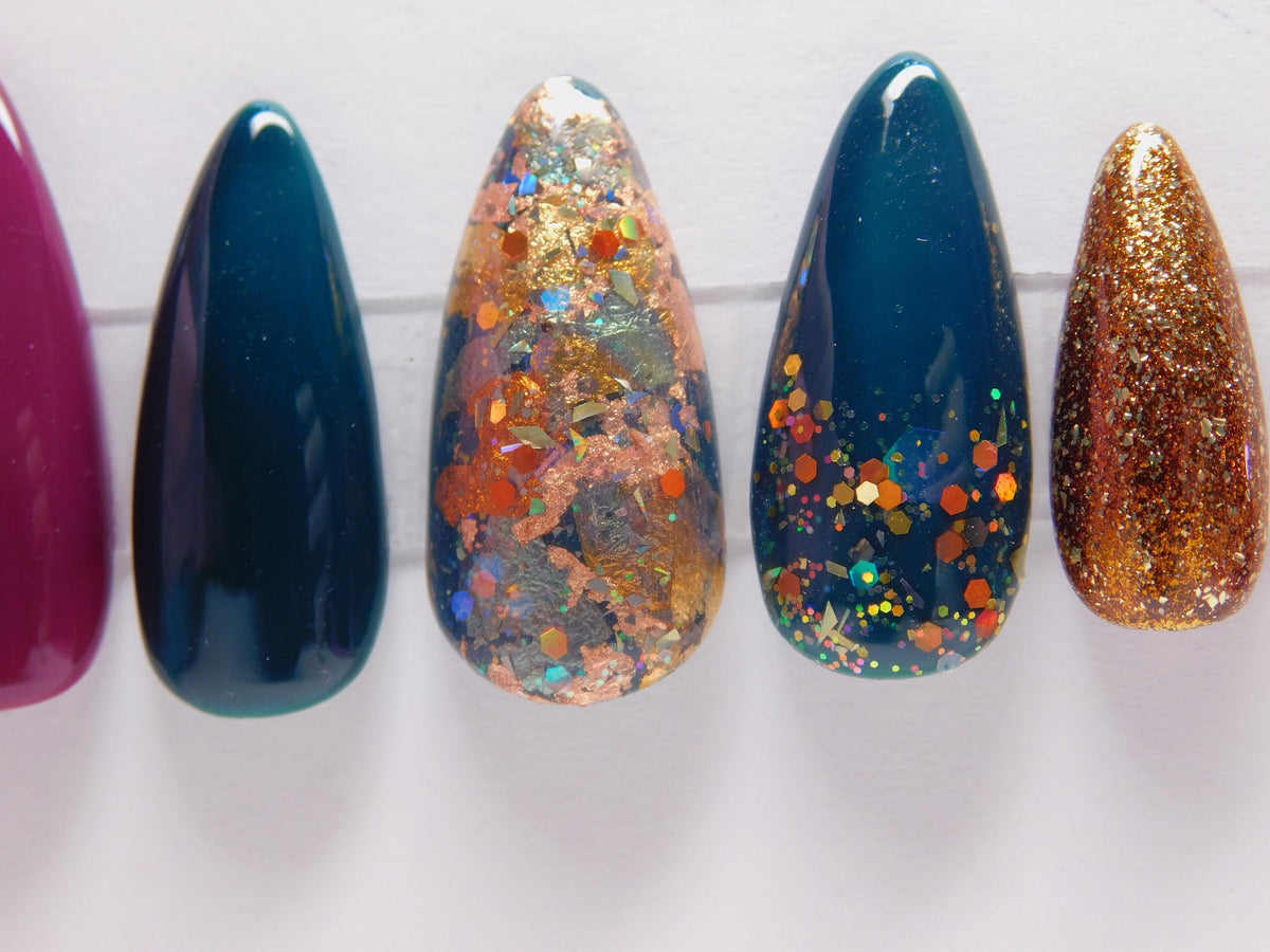 Burgundy and Teal Autumn Press-On Nails with Gold Glitter and Foil