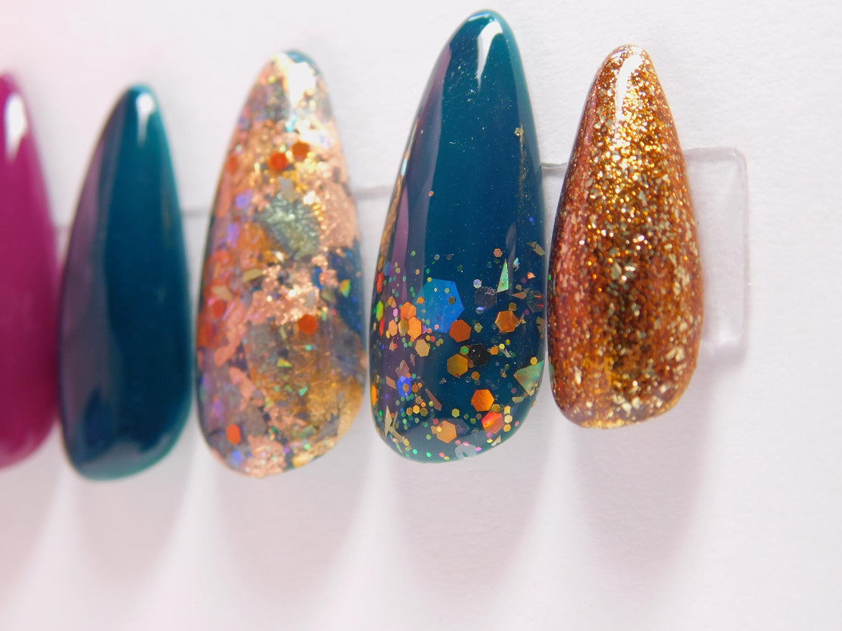 Burgundy and Teal Autumn Press-On Nails with Gold Glitter and Foil