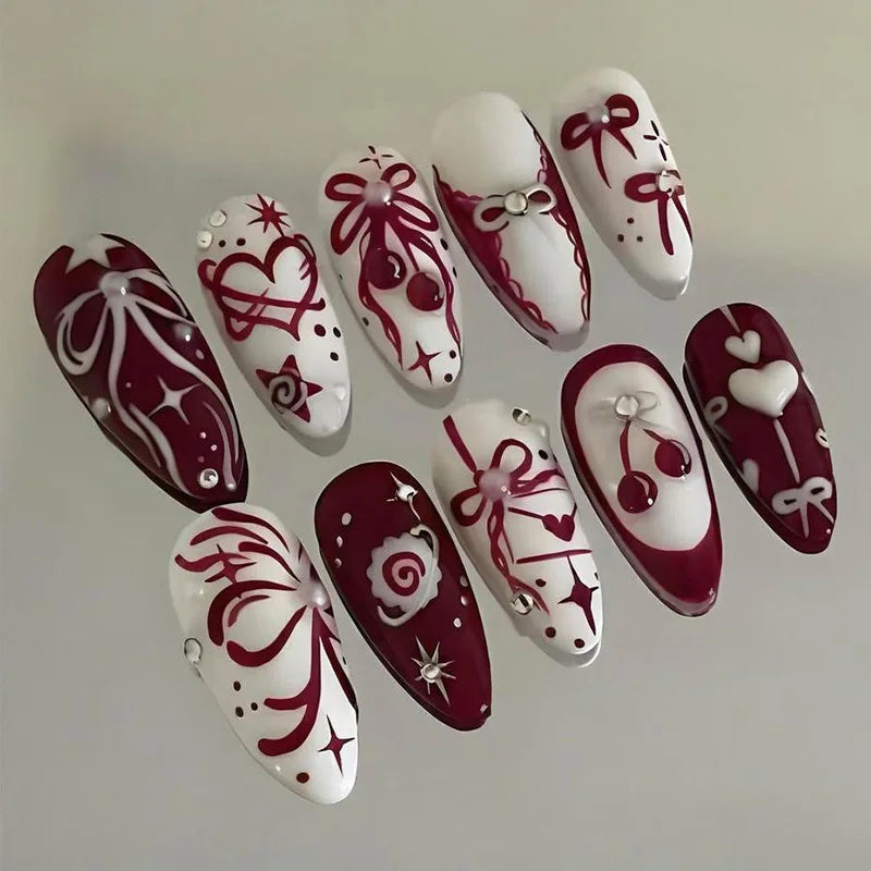 Burgundy and White Bow, Cherry, and Heart Nail Set