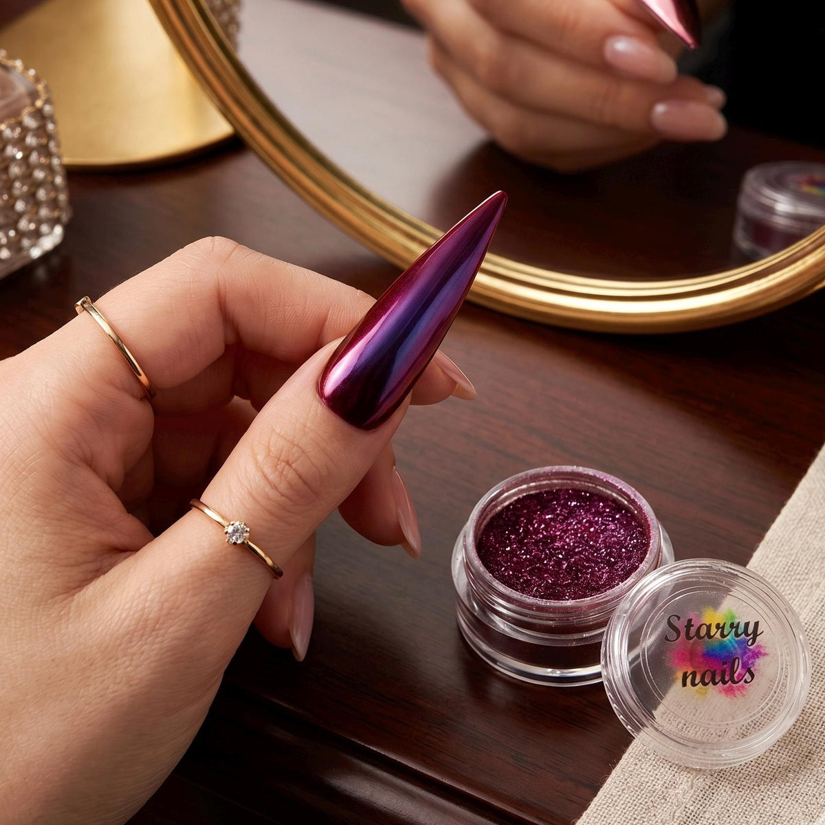 Burgundy Aurora Chrome Nail Powder With Garnet and Violet Shifts