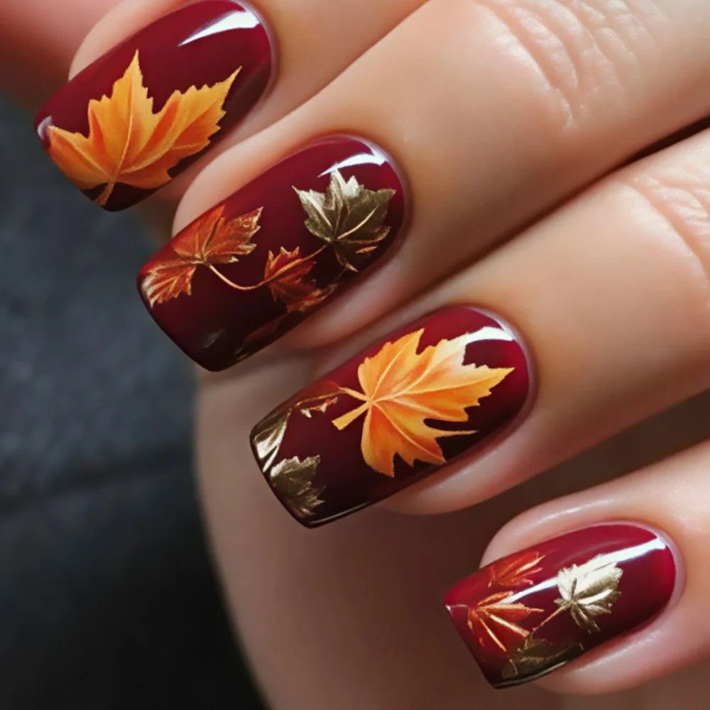 Burgundy Autumn Leaf Press-On Nail Set