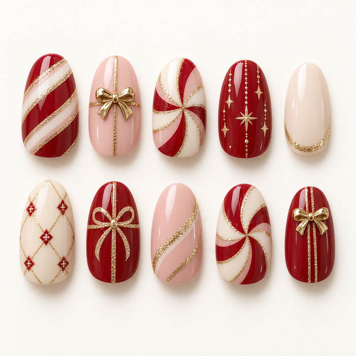 Burgundy, Blush Pink and Ivory Candy Cane Press On Nails with Gold Bows
