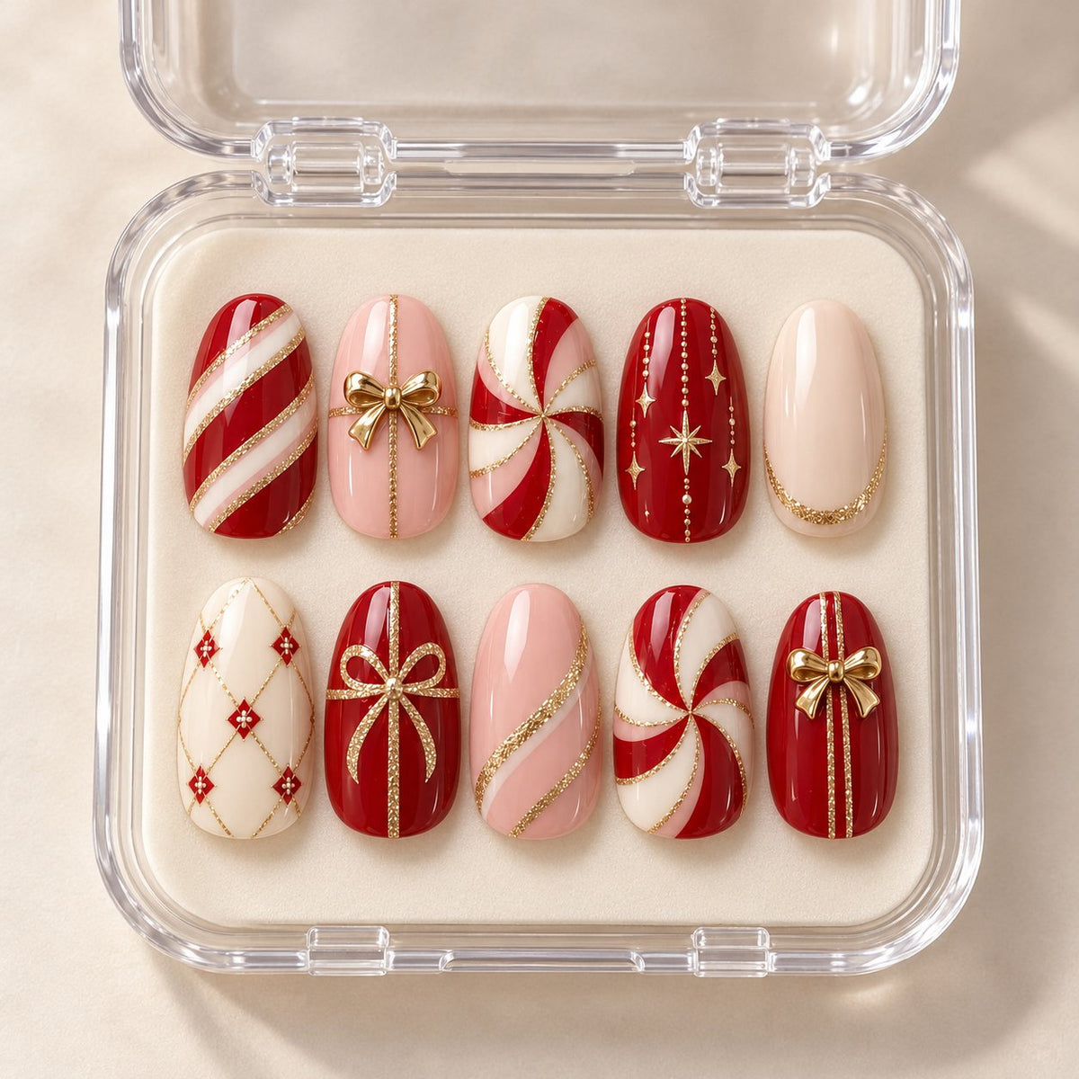 Burgundy, Blush Pink and Ivory Candy Cane Nails with Gold Bows in clear acrylic storage box