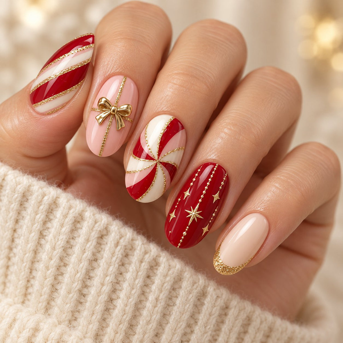Burgundy, Blush Pink and Ivory Candy Cane Nails with Gold Bows worn on hand