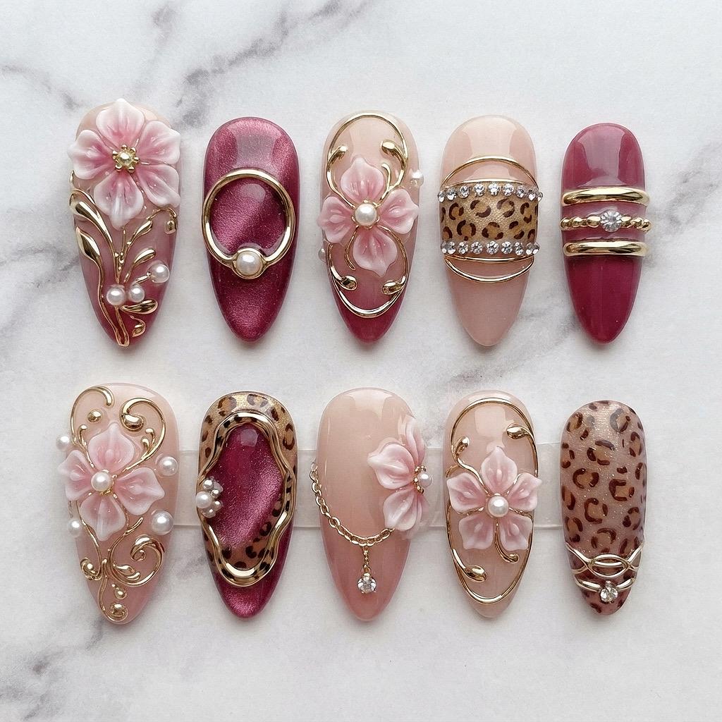 Burgundy, Blush Pink & Leopard Baroque Flower Press On Nail Set