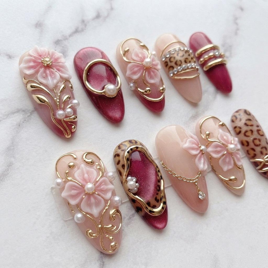 Burgundy, Blush Pink & Leopard Baroque Flower Press On Nail Set