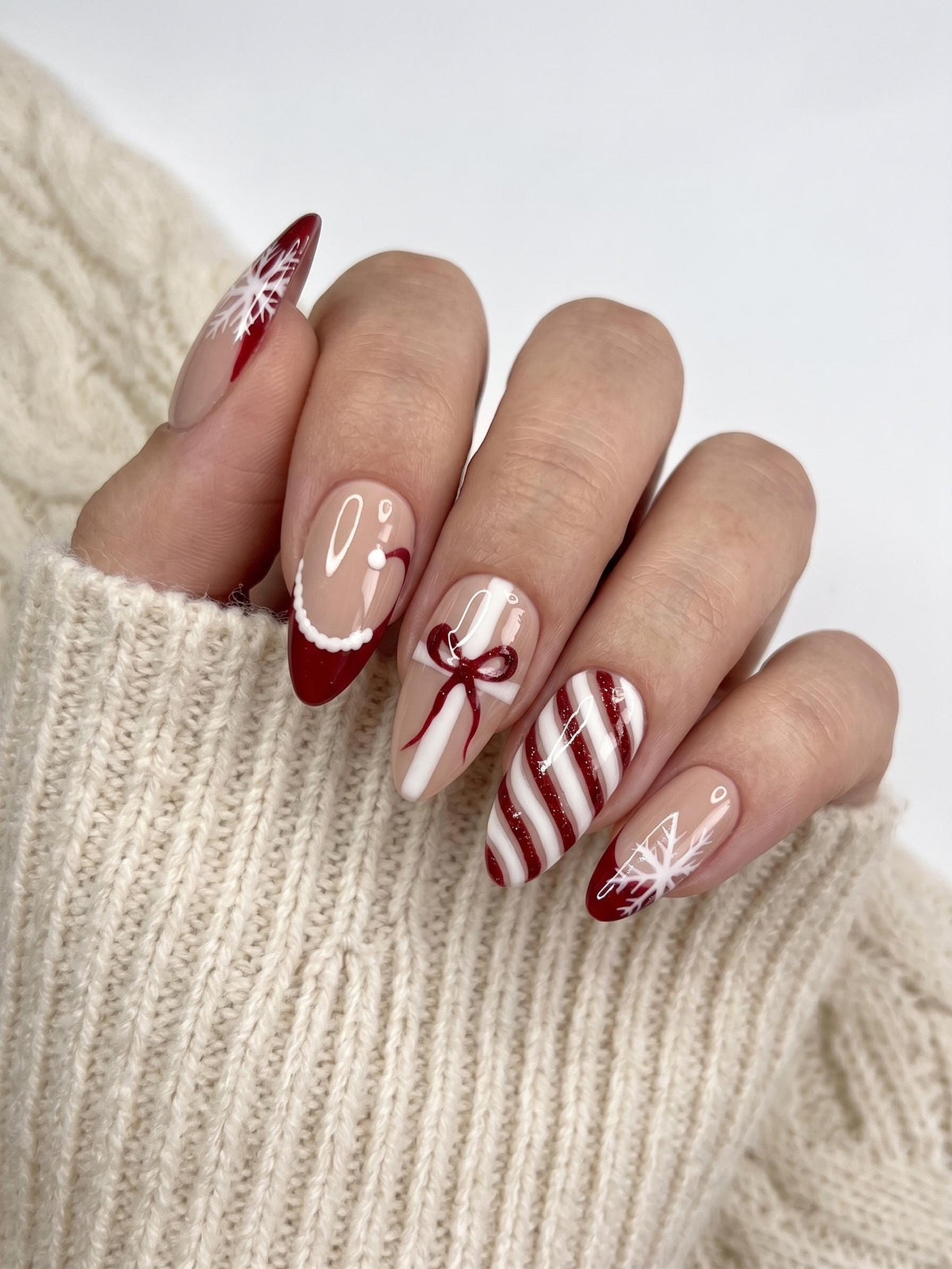 Burgundy Bow and Candy Cane French Tip Christmas Press On Nails
