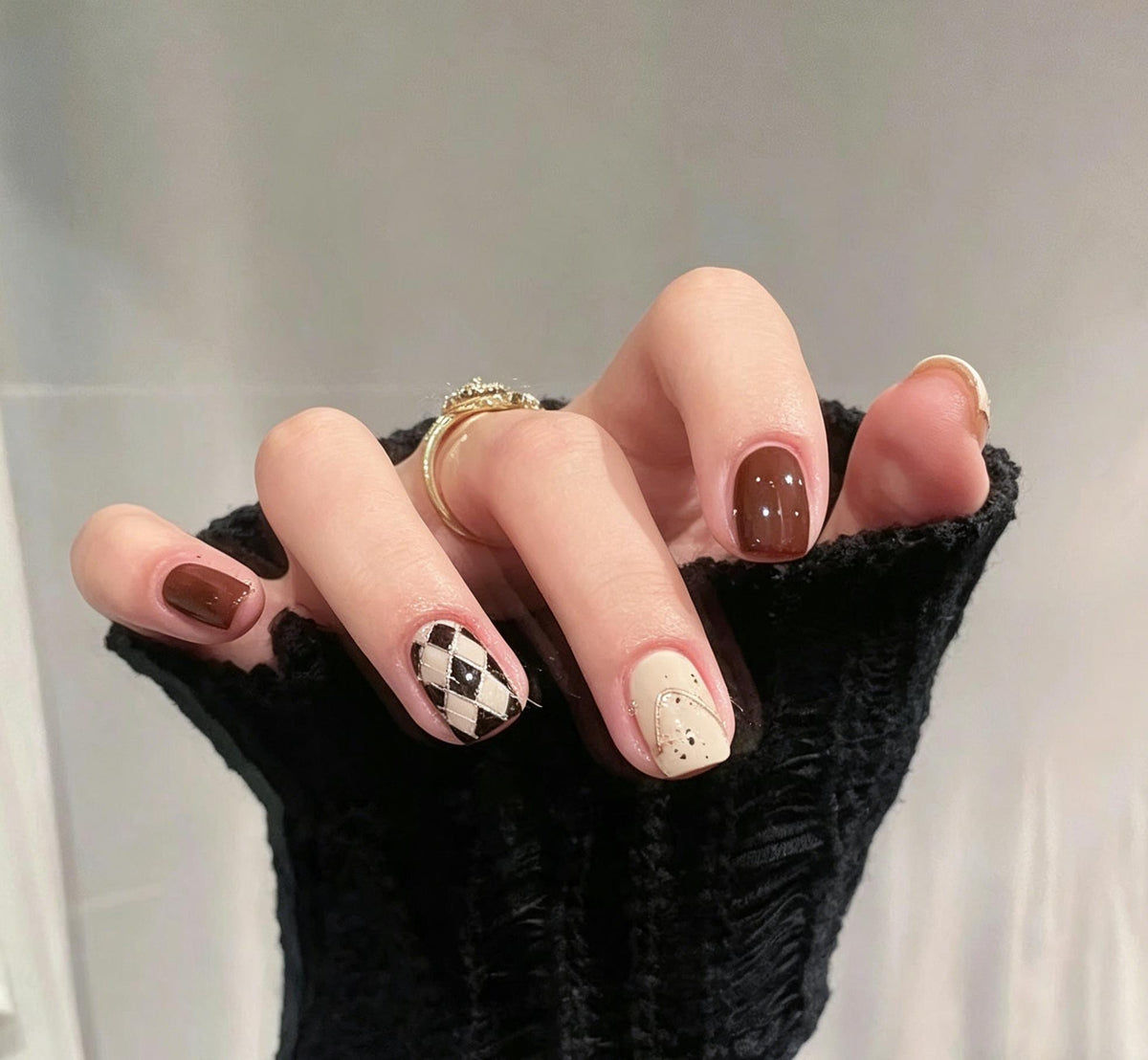 Burgundy Brown and Cream Argyle Press On Nails With Gold Lines