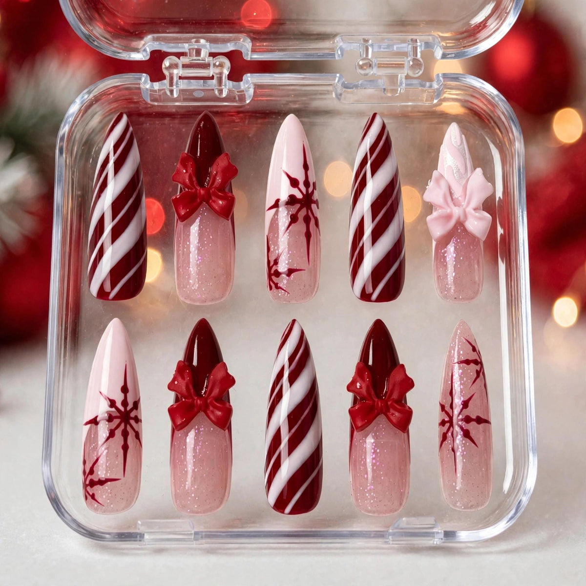Burgundy Candy Cane Stripe and 3D Bow Christmas Nail Set
